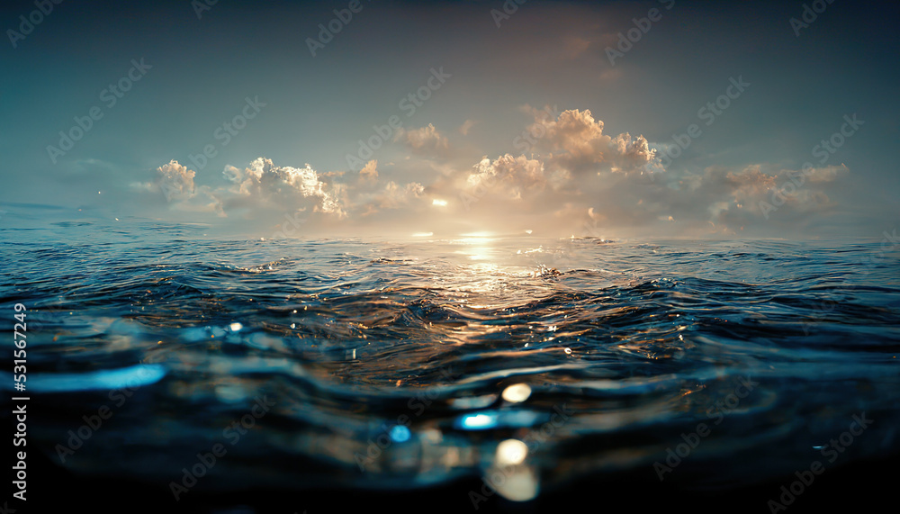 Spectacular abstract image of a scenic calm ocean, sunrise sky reflecting in the water. Sunset and n