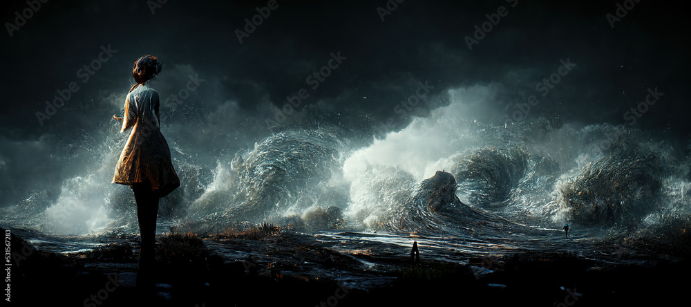 Spectacular image of massive splashing wave crashes on the reef as a defiant woman stands defiantly 