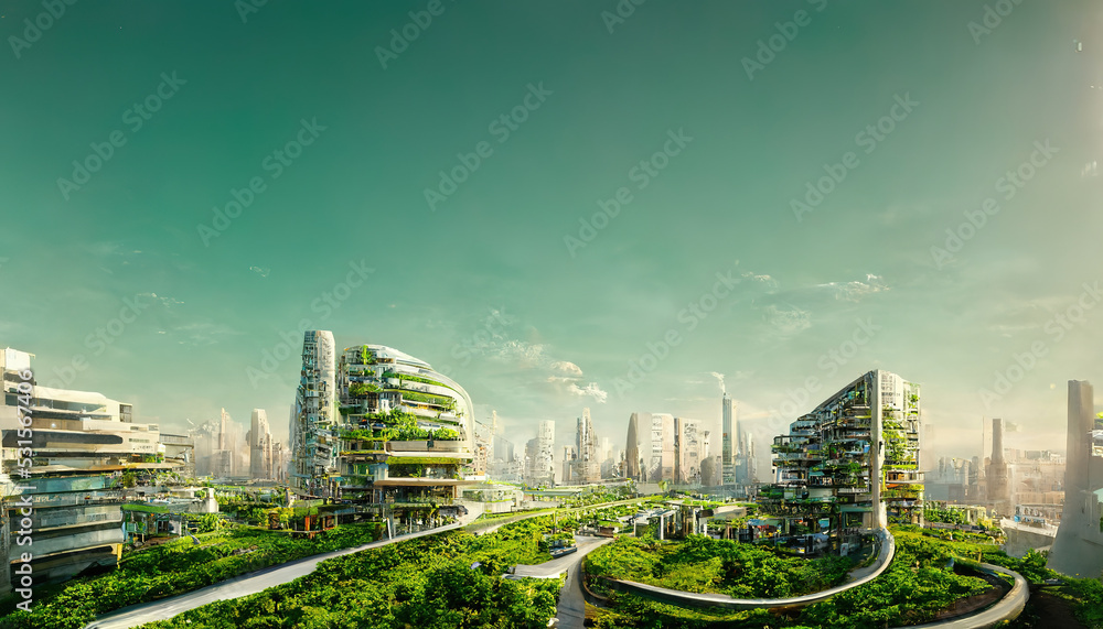 Spectacular eco-futuristic cityscape full with greenery, skyscrapers, parks, and other manmade green