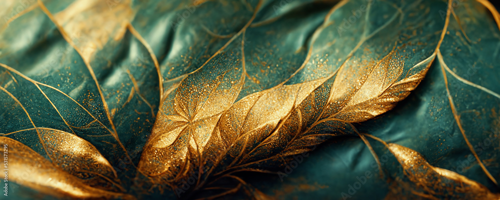 Spectacular realistic detailed veins and half green and gold abstract close-up, leaf covered with go