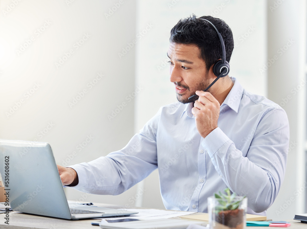 Asian call center man, telemarketing and CRM consultation with customer service, contact us and supp