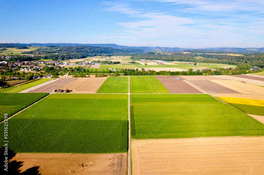 Aerial view of harvest of agricultural fields with gravel road at village of Andelfingen, Canton Zür