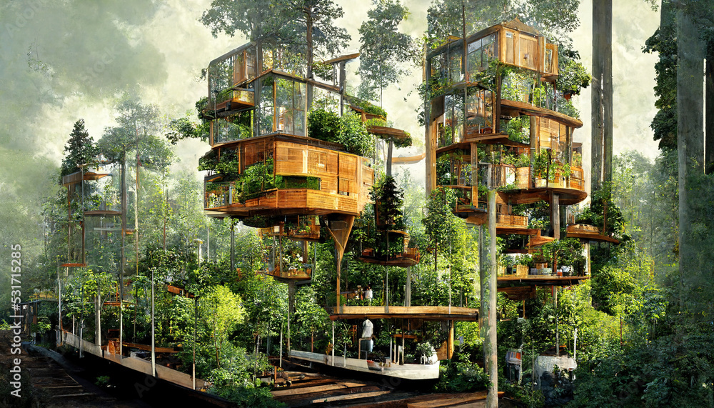 Spectacular image of a sustainable tree house surrounded by greenery in the woods for ESG concept. E