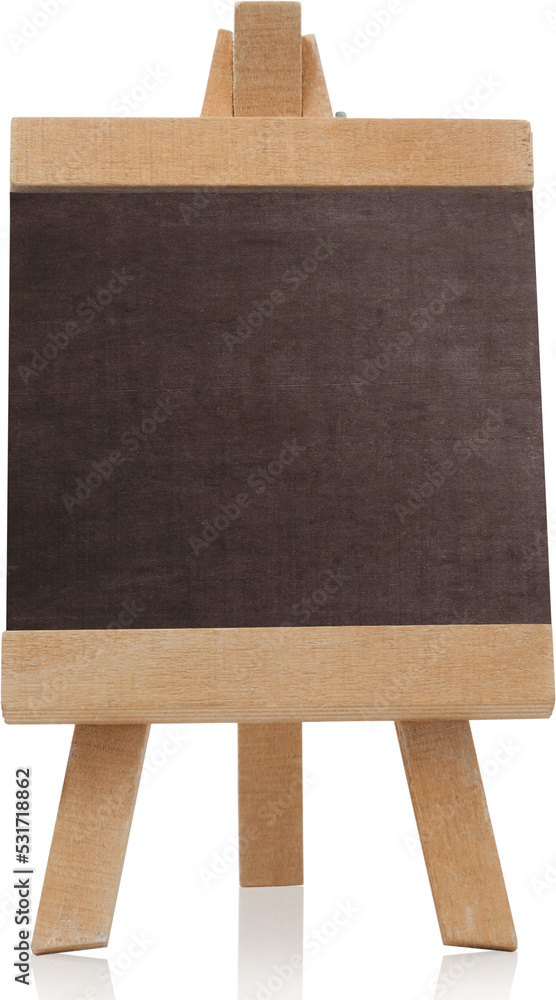 Image of blank chalkboard with wooden frame standing on wooden easel