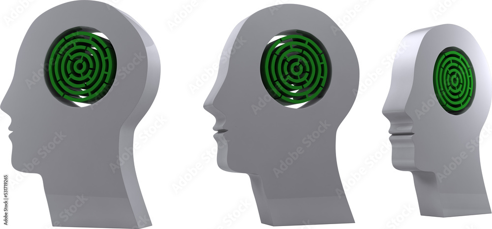 Image of green maze brains in three white human head shapes