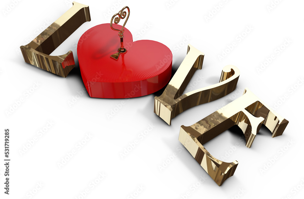 Image of love text in 3d gold metal letters and red heart shaped box with key