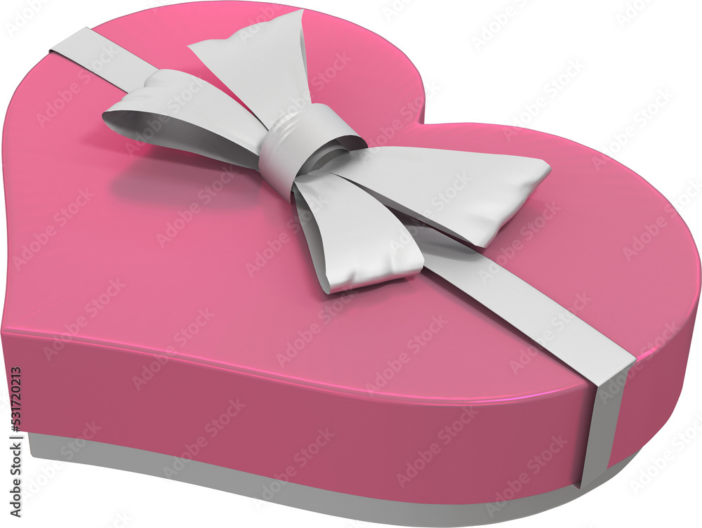 Image of pink heart shaped gift box with white ribbon