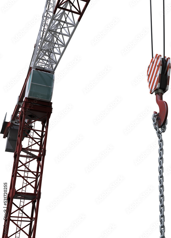 Image of industrial welded chain hanging from hook and pulley on a construction crane