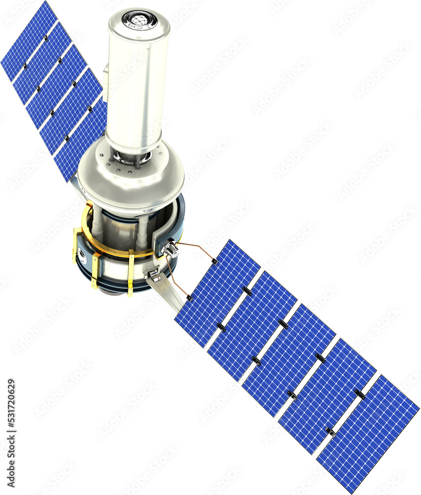 带有蓝色太阳能电池板的卫星垂直图像