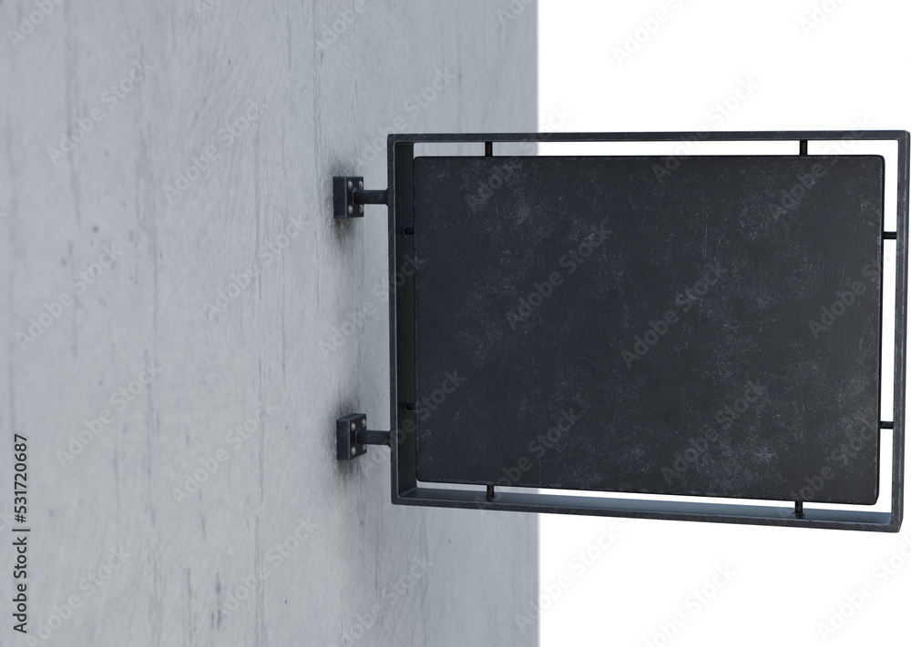 Image of black, rectangular blank business sign with copy space attached to grey wall