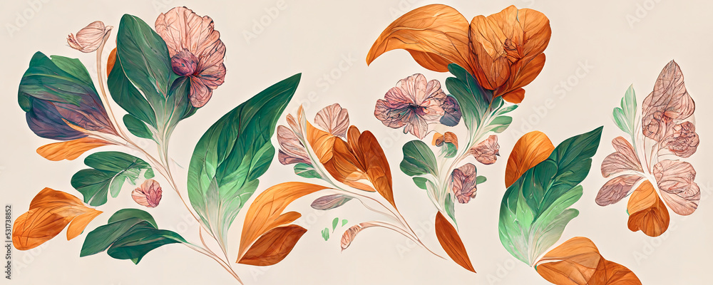 Spectacular pastel template of flower designs with leaves and petals. Natural blossom artwork featur