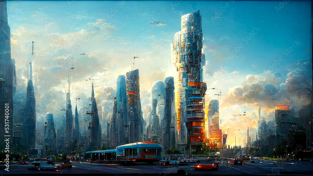 High-rise buildings, flying vehicles, and lush vegetation all coexist in futuristic fantasy cityscap