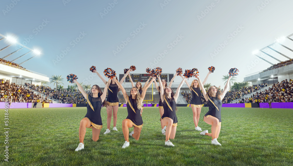 Group of cheerleaders in action on  stadium