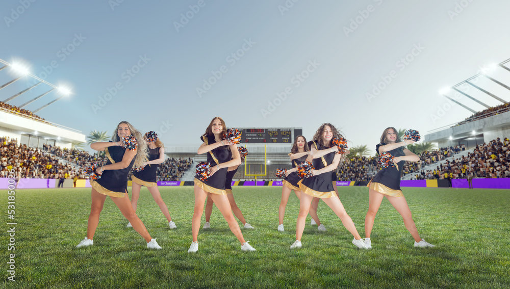 Group of cheerleaders in action on  stadium