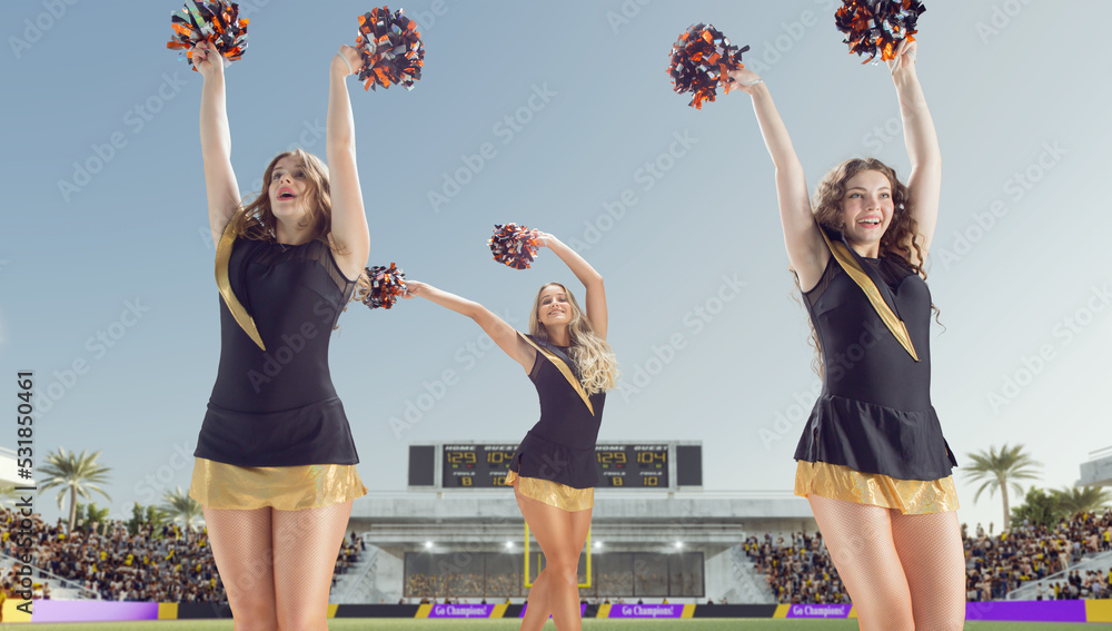 Group of cheerleaders in action on  stadium