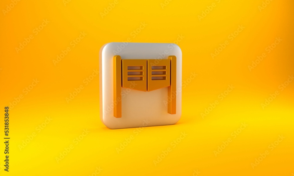 Gold Old western swinging saloon door icon isolated on yellow background. Silver square button. 3D r