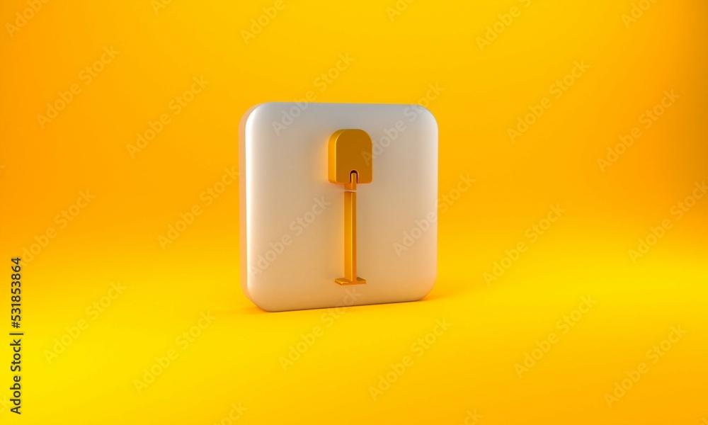 Gold Shovel icon isolated on yellow background. Gardening tool. Tool for horticulture, agriculture, 