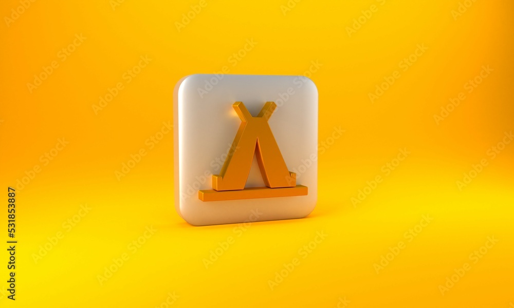 Gold Traditional indian teepee or wigwam icon isolated on yellow background. Indian tent. Silver squ