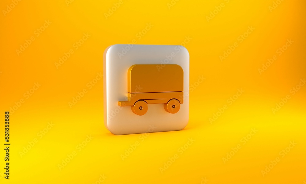 Gold Wild west covered wagon icon isolated on yellow background. Silver square button. 3D render ill