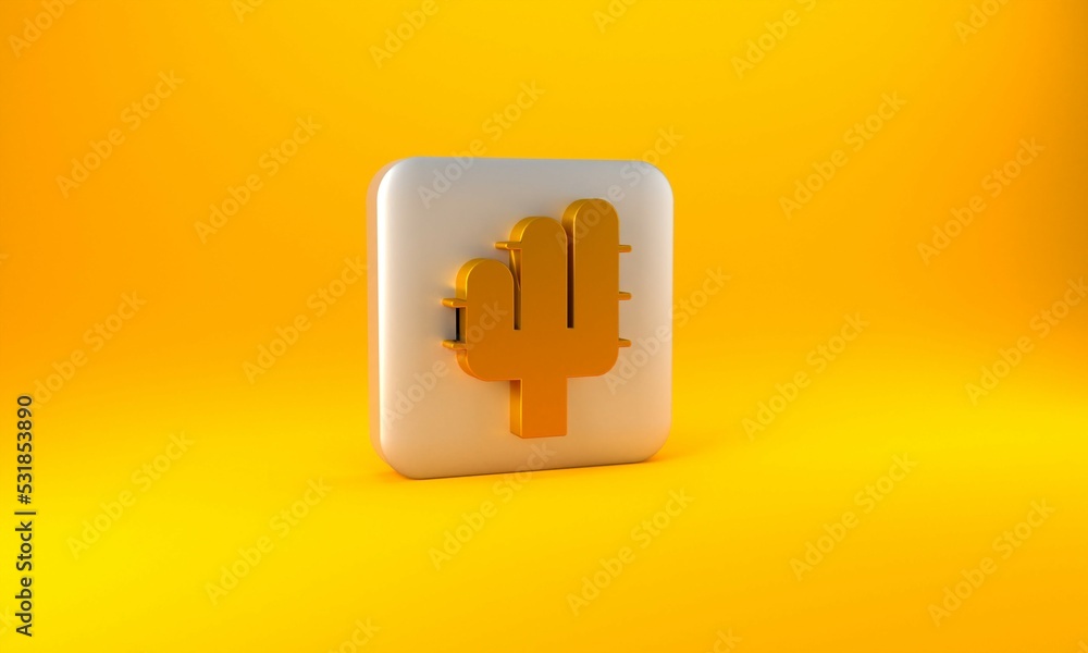 Gold Cactus icon isolated on yellow background. Silver square button. 3D render illustration