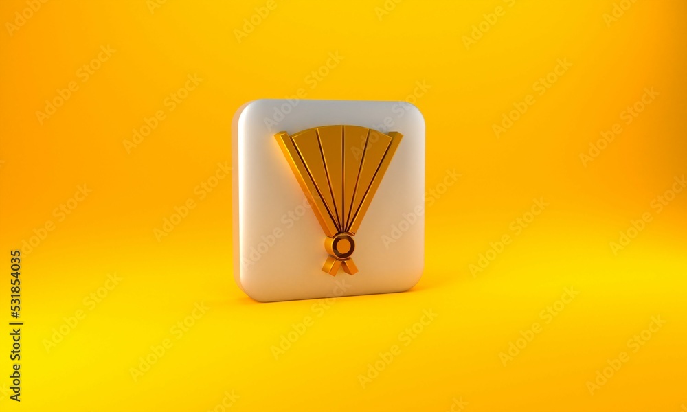 Gold Traditional paper chinese or japanese folding fan icon isolated on yellow background. Silver sq