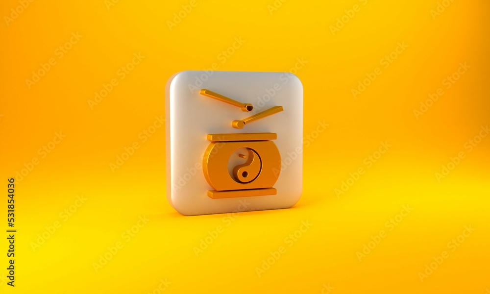 Gold Chinese drum icon isolated on yellow background. Traditional asian percussion instrument Taiko 