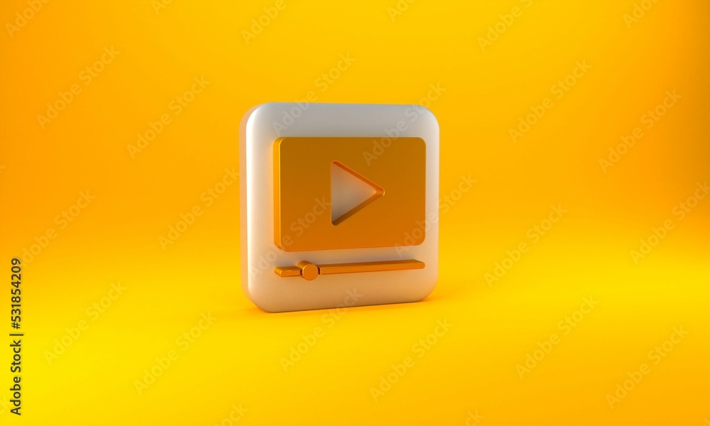 Gold Online play video icon isolated on yellow background. Film strip with play sign. Silver square 