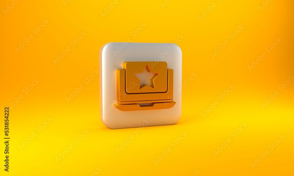 Gold Laptop with star icon isolated on yellow background. Favorite, best rating, award symbol. Silve