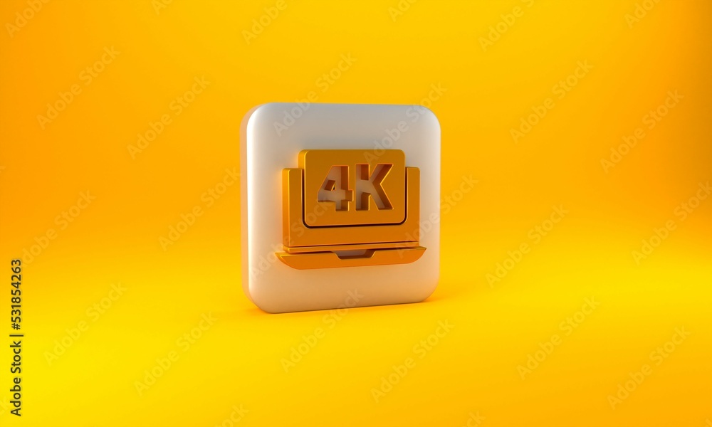 Gold Laptop screen with 4k video technology icon isolated on yellow background. Silver square button