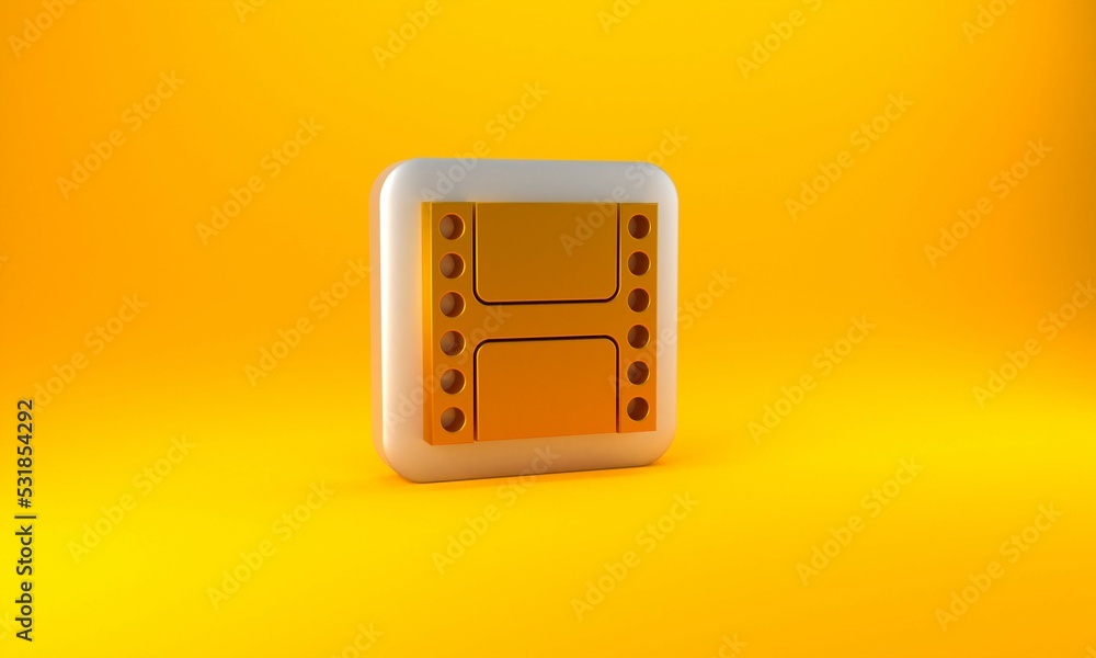 Gold Play Video icon isolated on yellow background. Film strip sign. Silver square button. 3D render