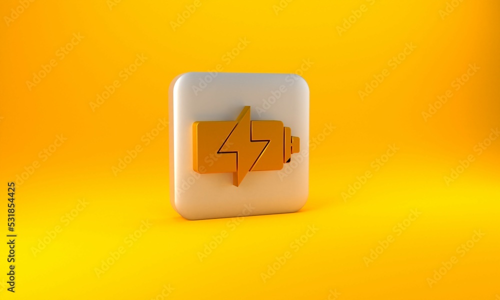 Gold Battery icon isolated on yellow background. Lightning bolt symbol. Silver square button. 3D ren