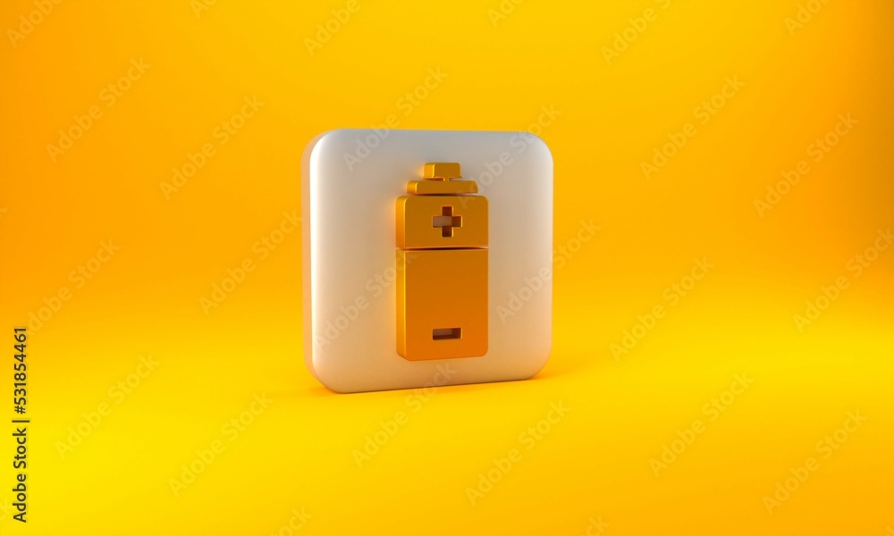 Gold Battery icon isolated on yellow background. Lightning bolt symbol. Silver square button. 3D ren