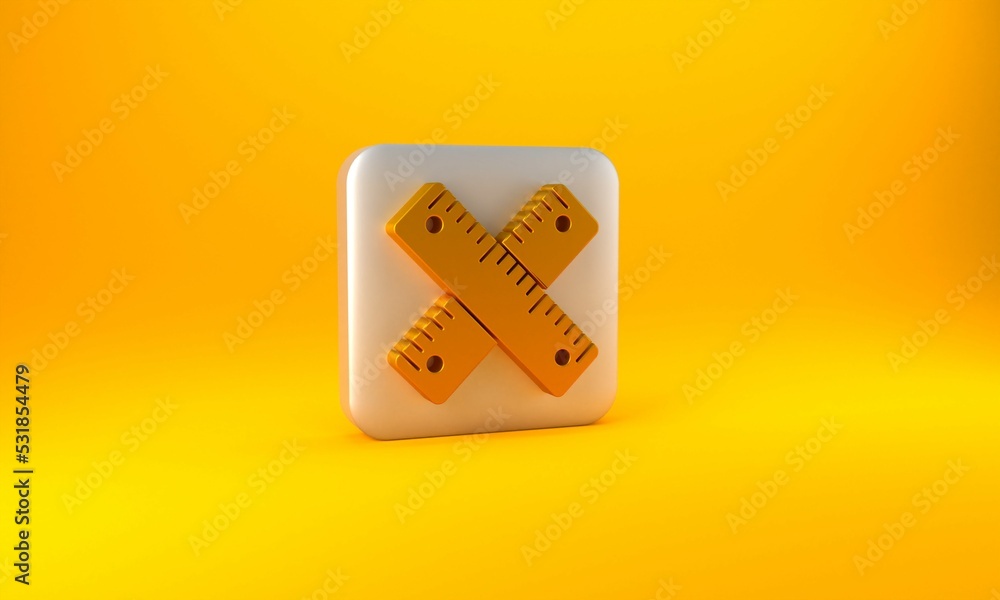 Gold Crossed ruler icon isolated on yellow background. Straightedge symbol. Silver square button. 3D