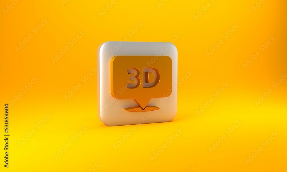 Gold Speech bubble with text 3D icon isolated on yellow background. Silver square button. 3D render 