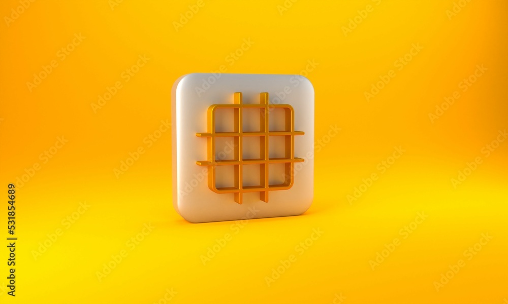 Gold Grid graph paper icon isolated on yellow background. Silver square button. 3D render illustrati