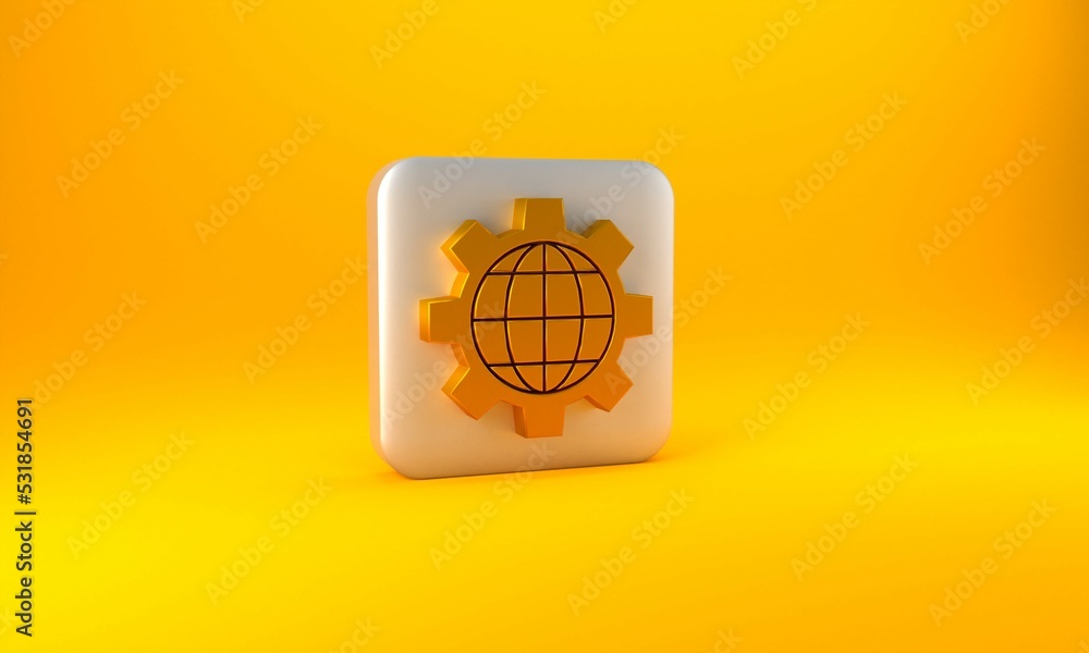 Gold Globe of the Earth and gear or cog icon isolated on yellow background. Setting parameters. Glob