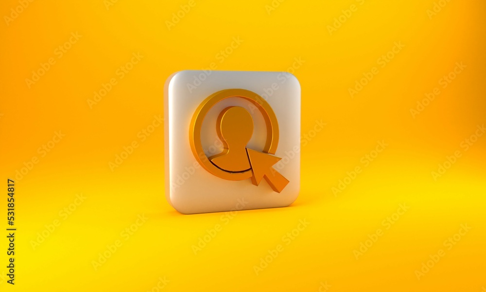 Gold Create account screen icon isolated on yellow background. Silver square button. 3D render illus