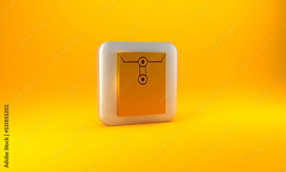 Gold Envelope icon isolated on yellow background. Email message letter symbol. Silver square button.