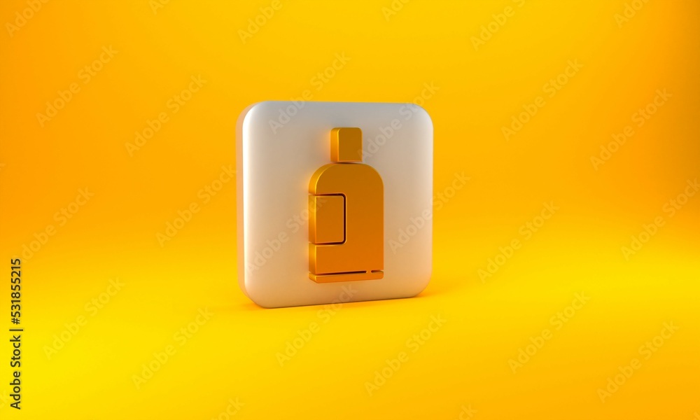 Gold Bottle of shampoo icon isolated on yellow background. Silver square button. 3D render illustrat