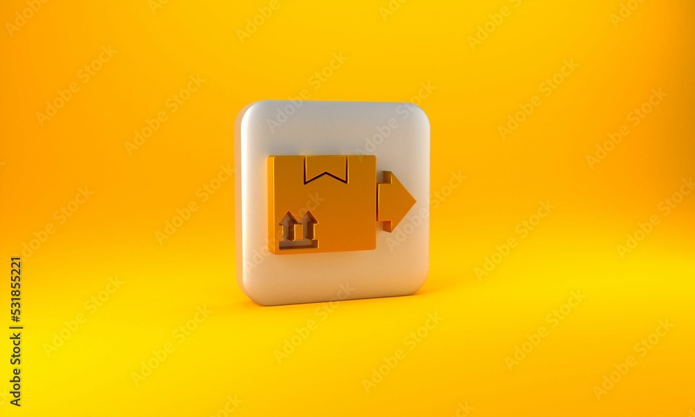 Gold Cardboard box with traffic symbol icon isolated on yellow background. Box, package, parcel. Del