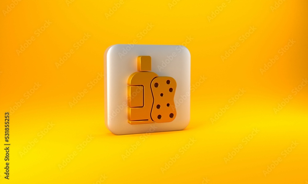 Gold Bottle of shampoo and sponge icon isolated on yellow background. Silver square button. 3D rende