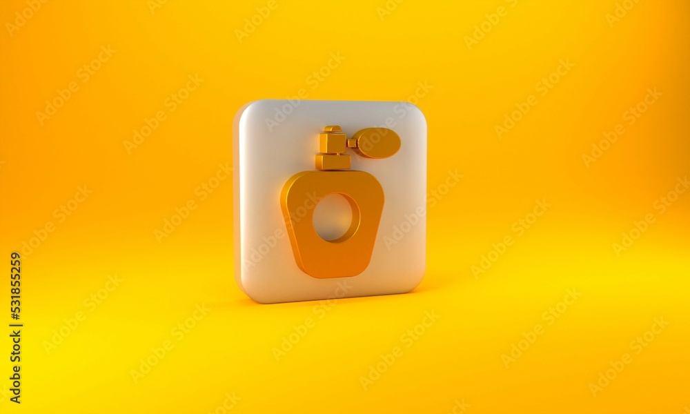 Gold Perfume icon isolated on yellow background. Silver square button. 3D render illustration