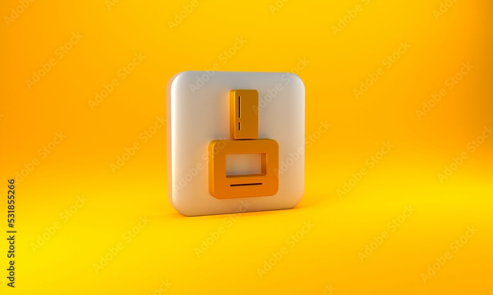 Gold Nail polish bottle icon isolated on yellow background. Silver square button. 3D render illustra