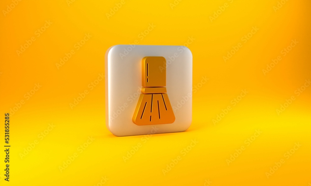 Gold Makeup brush icon isolated on yellow background. Silver square button. 3D render illustration