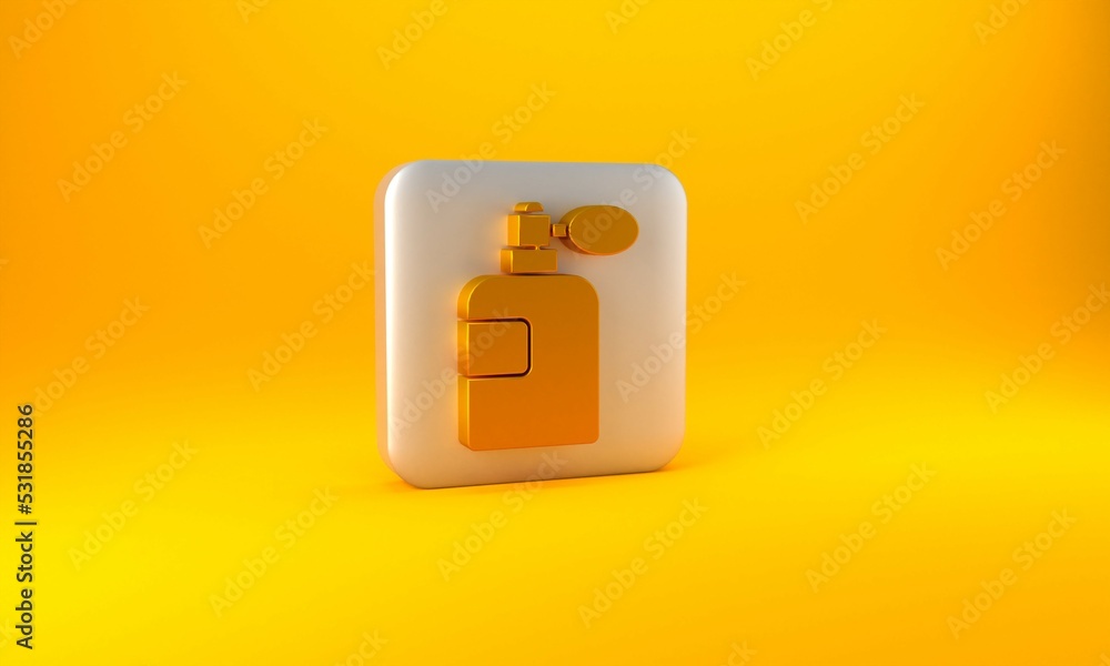 Gold Perfume icon isolated on yellow background. Silver square button. 3D render illustration