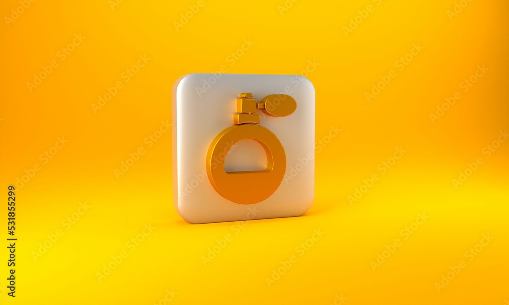 Gold Perfume icon isolated on yellow background. Silver square button. 3D render illustration