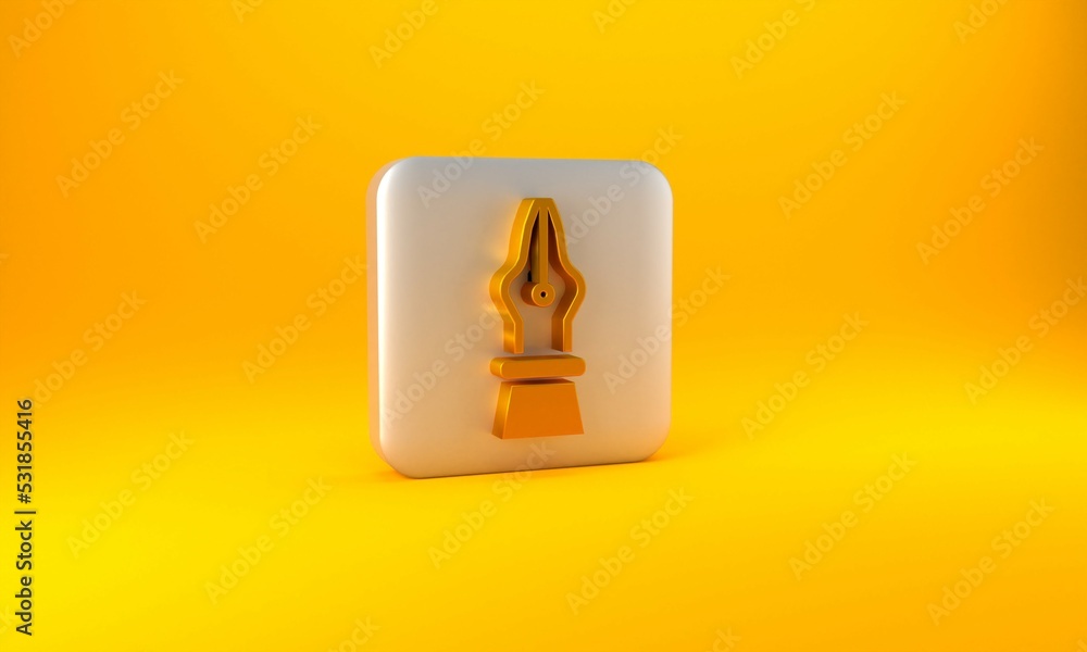 Gold Fountain pen nib icon isolated on yellow background. Pen tool sign. Silver square button. 3D re