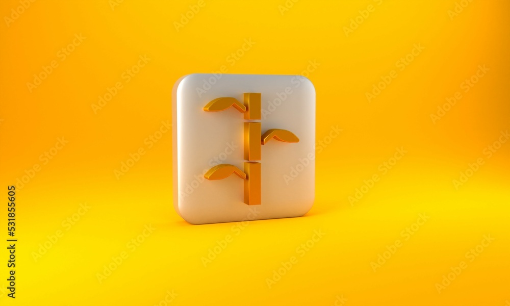 Gold Bamboo stems with leaves icon isolated on yellow background. Silver square button. 3D render il