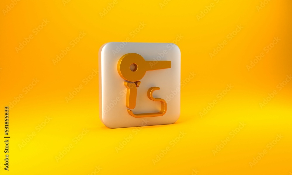 Gold Hair dryer icon isolated on yellow background. Hairdryer sign. Hair drying symbol. Blowing hot 