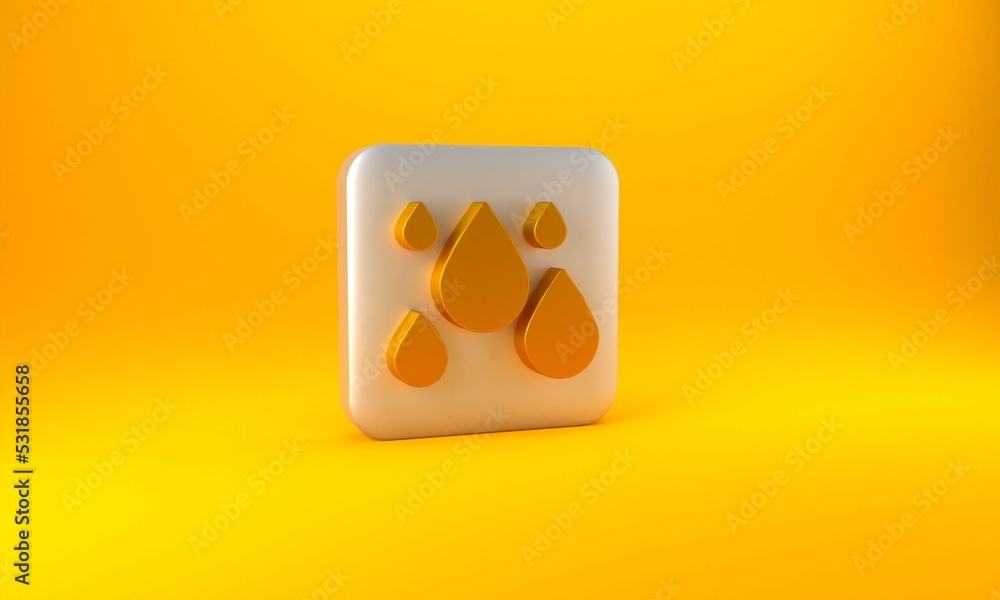 Gold Water drop icon isolated on yellow background. Silver square button. 3D render illustration